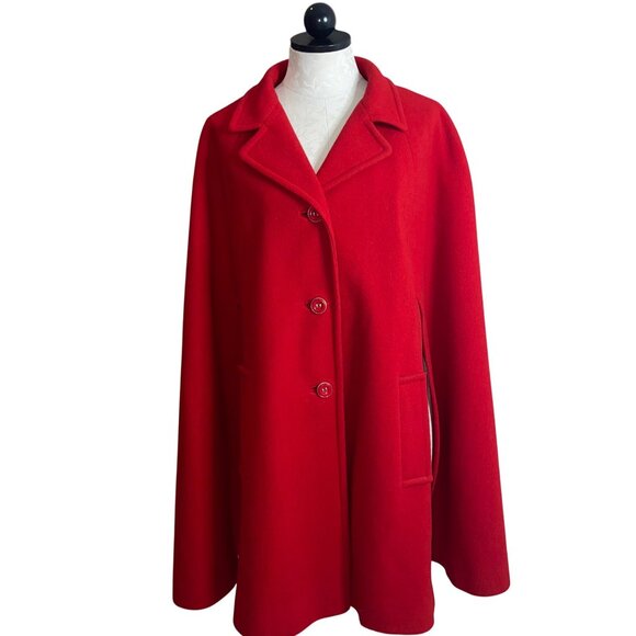 Vintage Womens Coat Size Large Red Cape Button Front Pockets Satin Lined